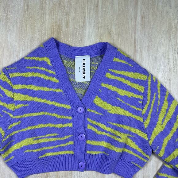 ASOS Collusion Zebra Purple Green Cropped V-Neck Boxy Button Cardigan Sweater 4 - Picture 2 of 13